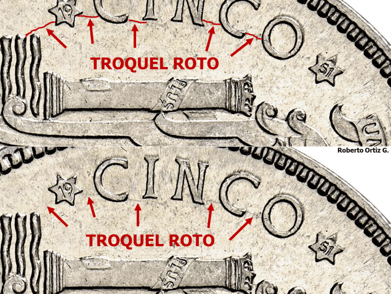 5 PESETAS 1949*19-51. ESTADO ESPAÑOL. CUÑO DE REVERSO 1. OTRO DISTINTIVO DE&nbsp;TROQUEL.