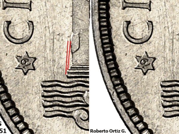 5 PESETAS 1949*19-51. CUÑO DE REVERSO 2. El pulido del troquel como distintivo de&nbsp;cuño.