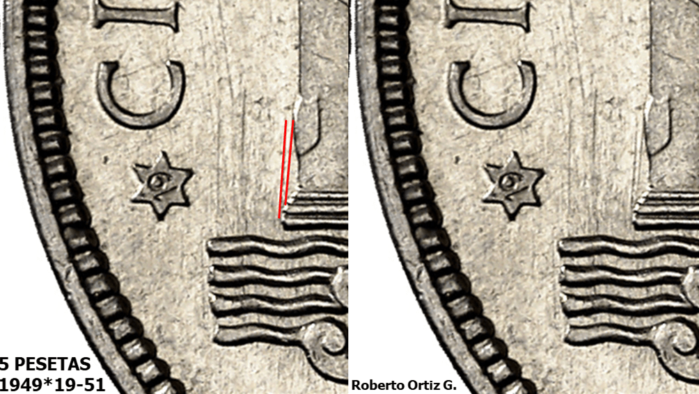 5 PESETAS 1949*19-51. CUÑO DE REVERSO 2. El pulido del troquel como distintivo de&nbsp;cuño.