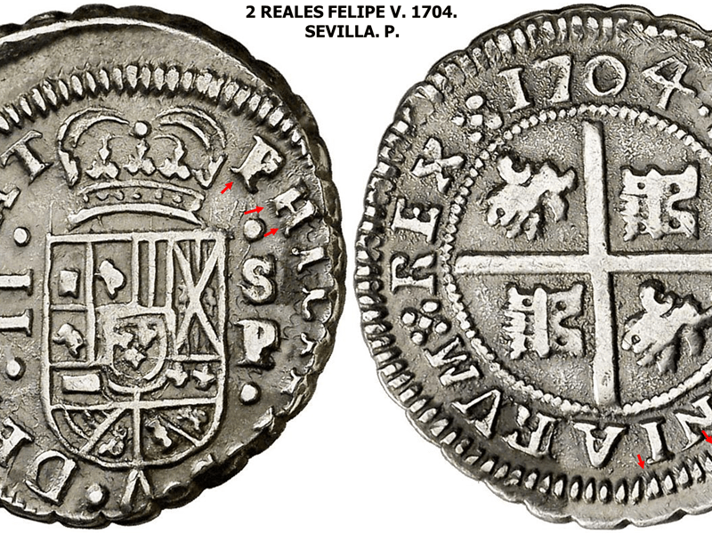 2 REALES 1704 FELIPE V. SEVILLA. P. ¿Acuñacion a&nbsp;Volante?