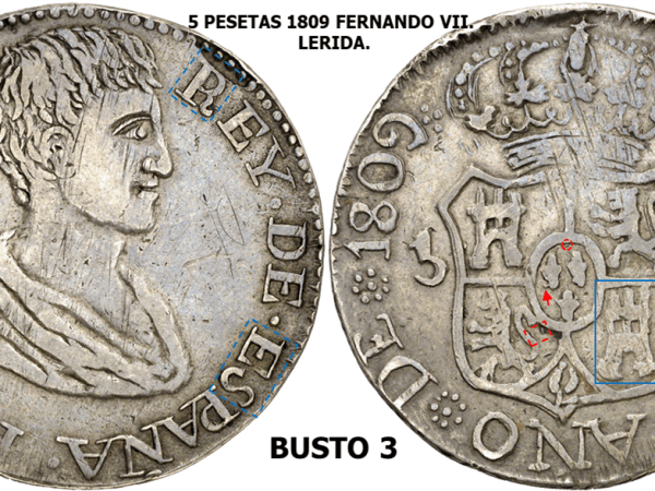 5 PESETAS 1809 FERNANDO VII. BUSTO. LERIDA. 4&nbsp;Bustos.