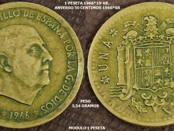 1 Peseta 1966*19-68. Anverso 50 centimos 1966*68. Estado&nbsp;Español.