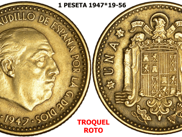 1 Peseta 1947*19-56. Estado Español. Mas cuños de&nbsp;anverso.