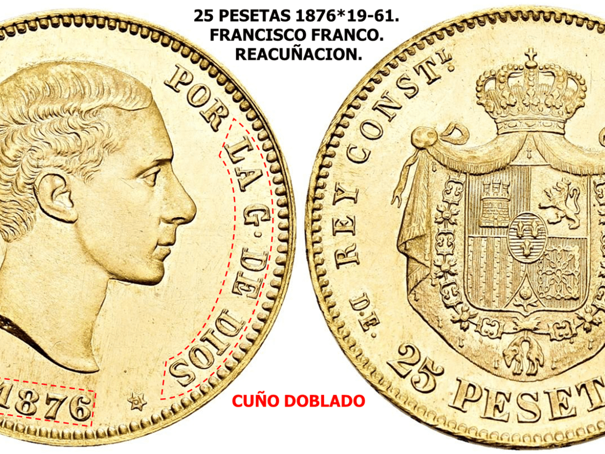 25 PESETAS 1876*19-61. FRANCO. REACUÑACION. Variante de&nbsp;Cuño.